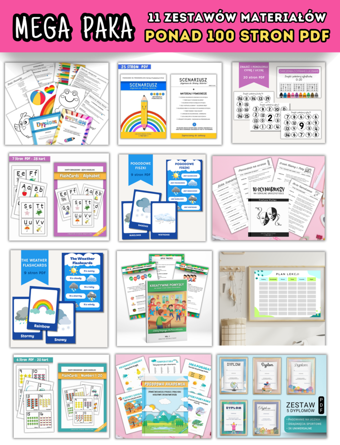 Mega Zestaw Materiałów Dydaktycznych. Przedszkole & klasy 1-3. Ponad 300 stron PDF / 13 zestawów