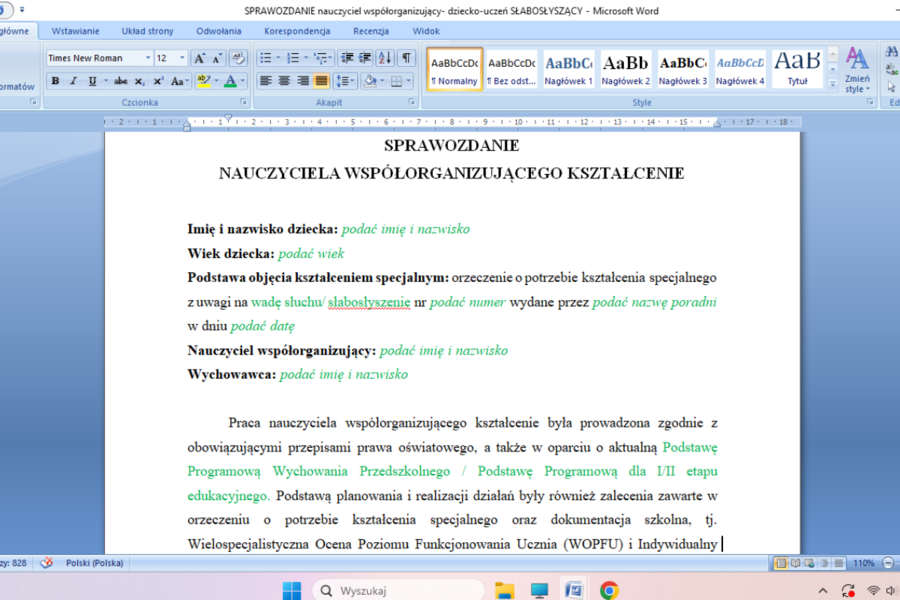 Sprawozda nienauczyciela WSPÓŁORGANIZUJĄCEGO dla ucznia z wadą słuchu/ słabosłyszenienim