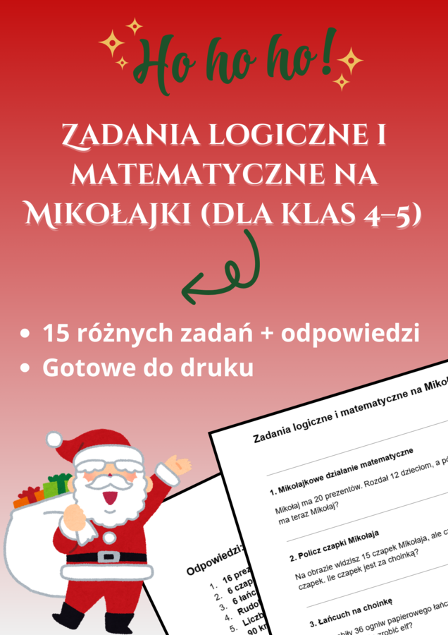Mikołajkowe Łamigłówki – 15 zadań pełnych logicznej zabawy! 🎅🎄📚 szkoła podstawowa, klasy 6-8, święta, karta pracy