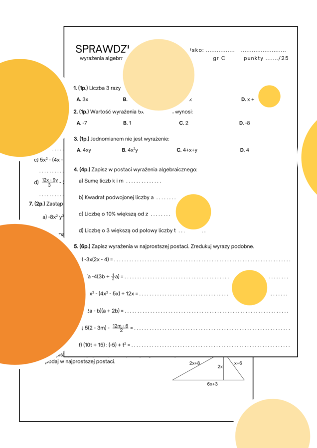 Sprawdzian. Wyrażenia algebraiczne. Klasa 7