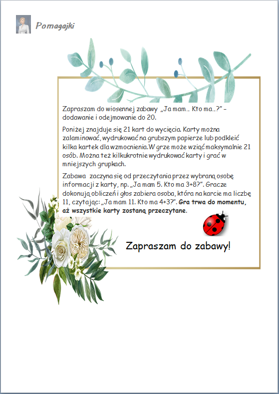 "Ja mam... kto ma...?" wiosenna gra - dodawanie i odejmowanie do 20