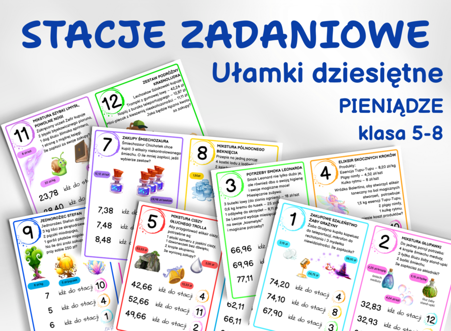 STACJE ZADANIOWE – Sklep Czarodzieja, ułamki dziesiętne, klasa 5, 6, 7, 8, zakupy, pieniądze, koniec roku
