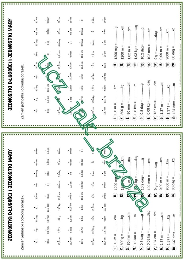 Jednostki długości i jednostki masy, kodowanie, klasa 6