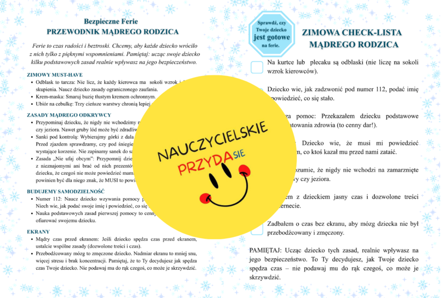 Bezpieczne ferie zimowe: gazetka, opowiadanie, ulotki dla rodziców, quiz dla dzieci, kolorowanka, książeczka, kolorowanka XXL, przedszkole i szkoła