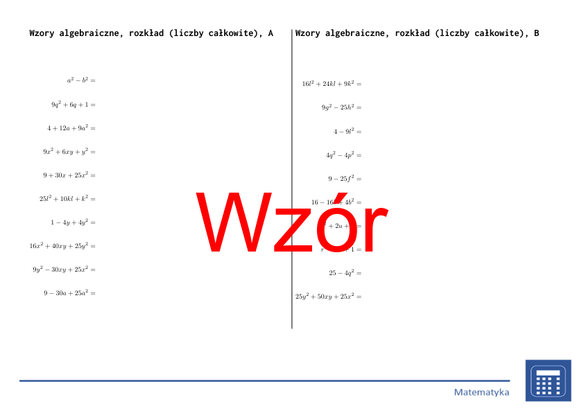 Wzory algebraiczne, rozkład (liczby całkowite) | matematyka, algebra | 26 kolumn