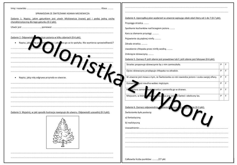 Sprawdzian otwarty Świtezianka A. Mickiewicza + odpowiedzi do zadań