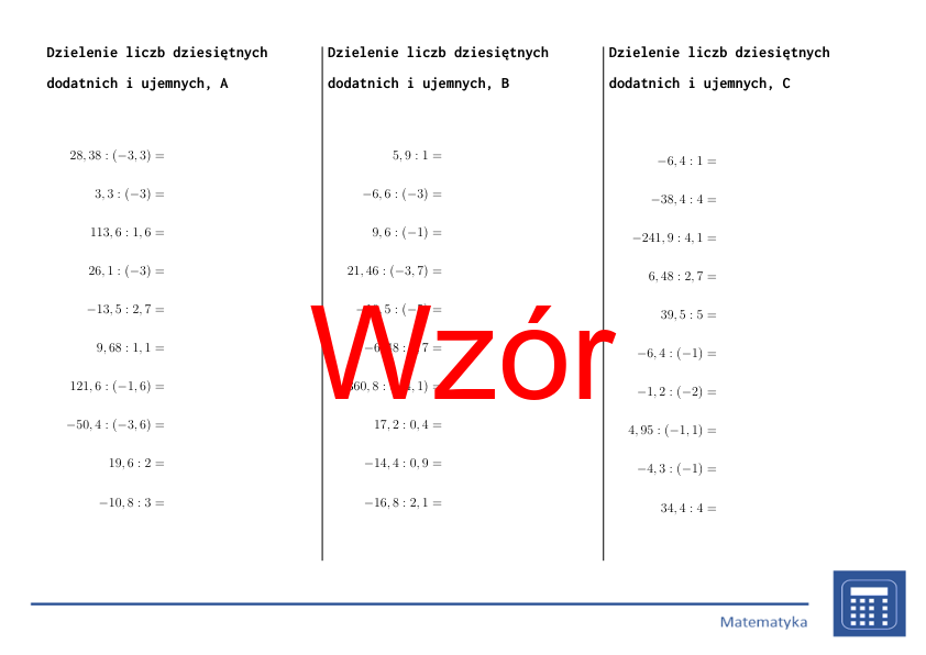 Dzielenie liczb dziesiętnych dodatnich i ujemnych | matematyka | 26 kolumn