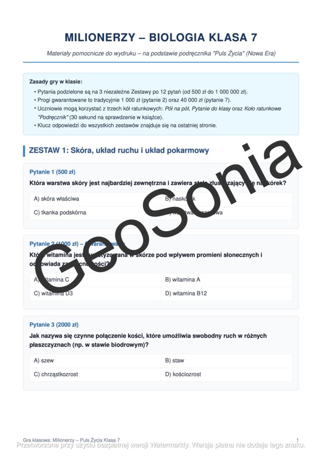 Gra Milionerzy biologia klasa 7 koniec roku podsumowanie