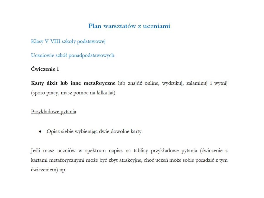 Godzina wychowawcza. Warsztaty dla uczniów. Plan zajęć.