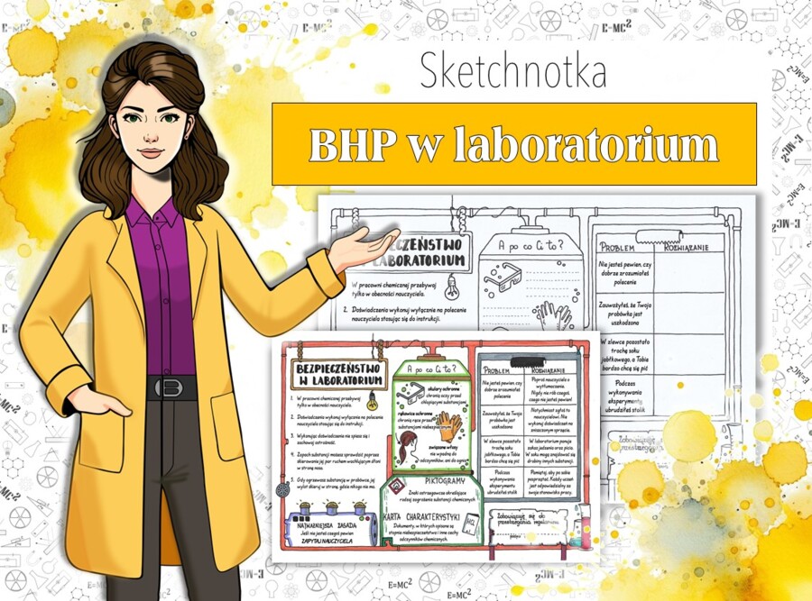 Chemia. Klasa 7. Bezpieczeństwo w laboratorium. BHP. Sketchnotka/notatka graficzna. Karta pracy. Zadanie.