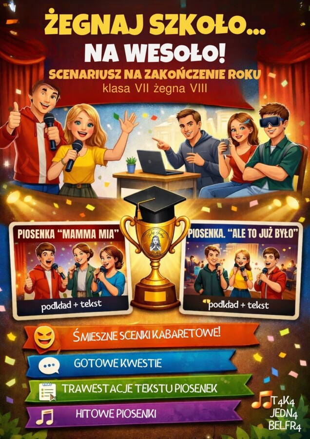🎭 „ŻEGNAJ SZKOŁO… NA WESOŁO!” – gotowy scenariusz zakończenia roku (kl. 7 żegna 8)