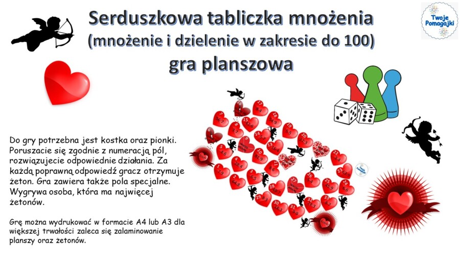 💕❤Serduszkowa tabliczka mnożenia (mnożenie i dzielenie do 100) gra planszowa walentynki