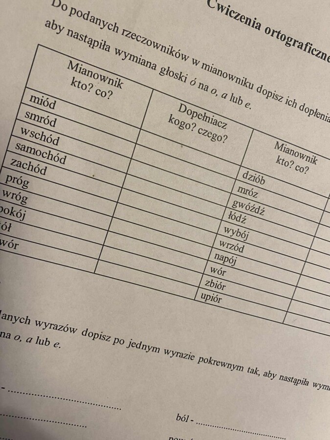 Karta pracy /Sprawdzian ortograficzny - pisownia wyrazów z ó