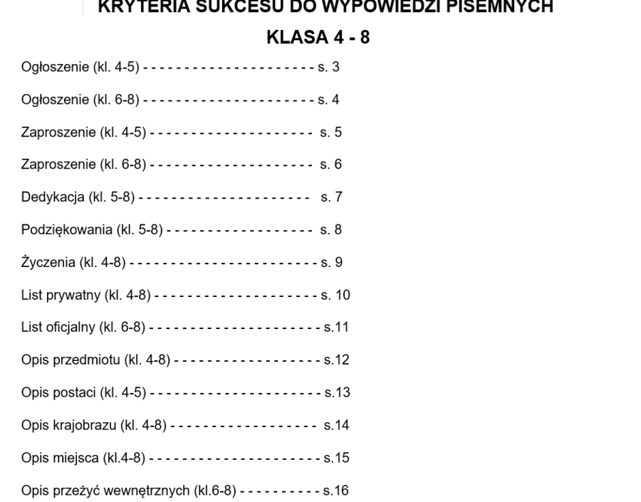Wymagania edukacyjne z języka polskiego dla klas IV–VIII + Kryteria sukcesu