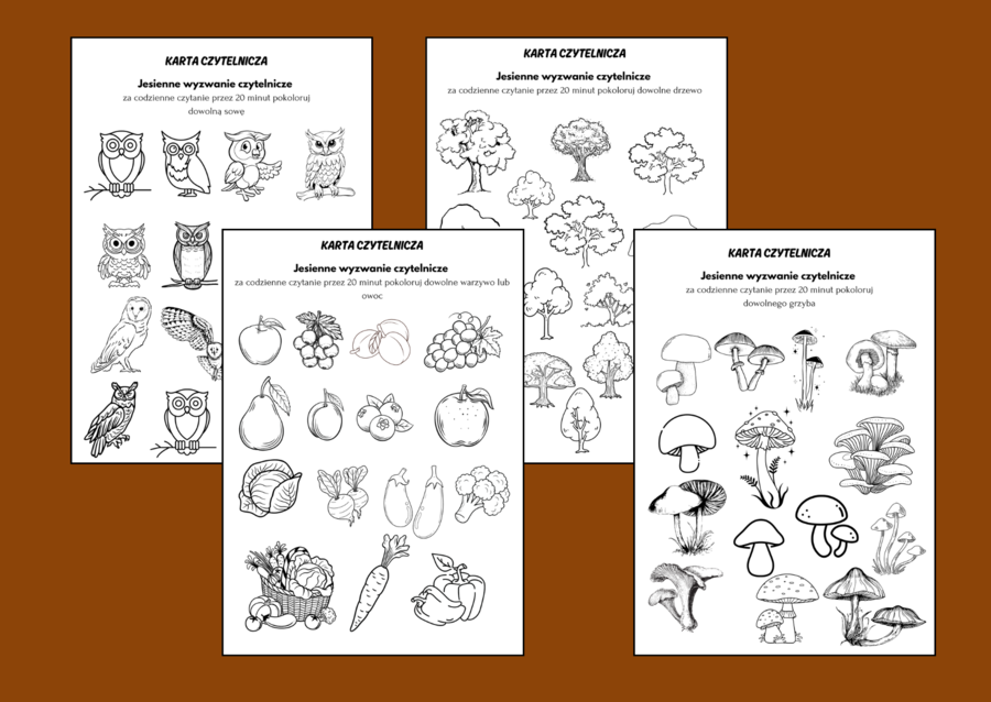 Jesienne WYZWANIE CZYTELNICZE – karta czytelnika – BIBLIOTEKA - jesień - 4 wersje