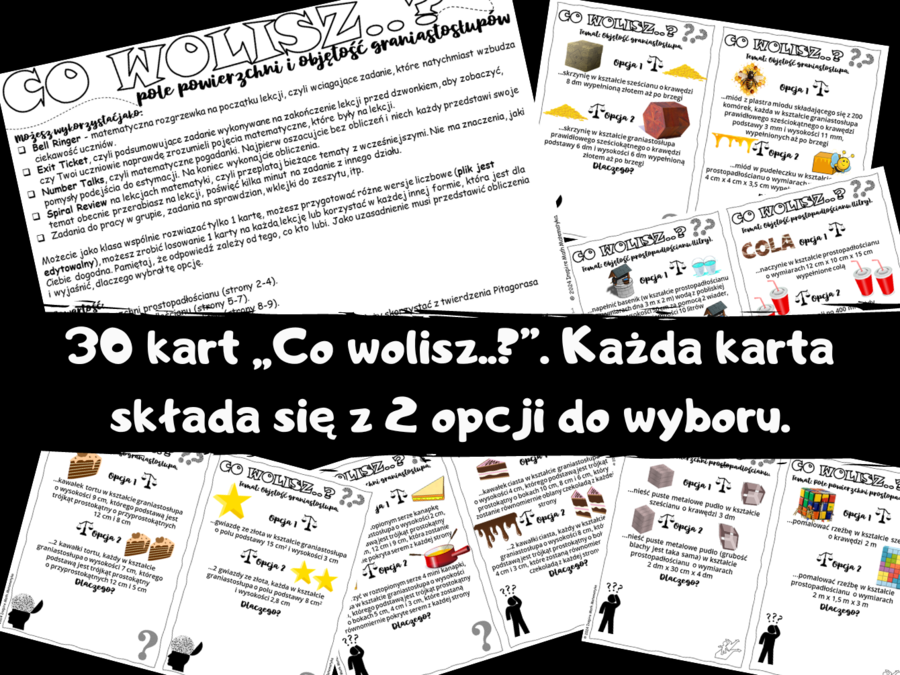 Kreatywne matematyczne karty: Co wolisz..? - pole powierzchni i objętość graniastosłupów (prostopadłościany, sześciany, graniastosłupy proste)