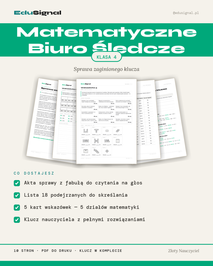 Matematyczne Biuro Śledcze — gra dedukcyjna, klasa 4 (działania pisemne, obwód, zegar + klucz)