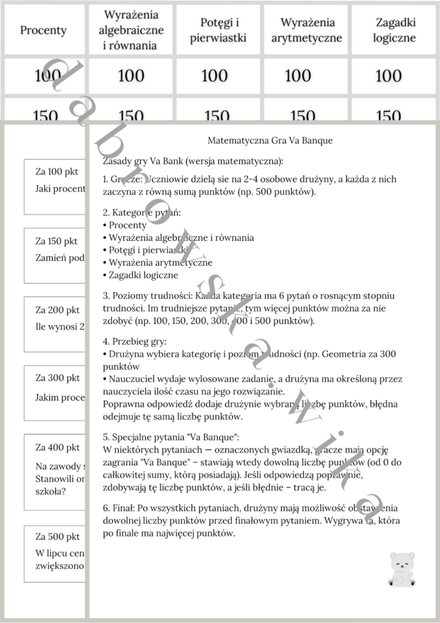 Matematyczna Gra Va Banque - wersja dla starszych klas