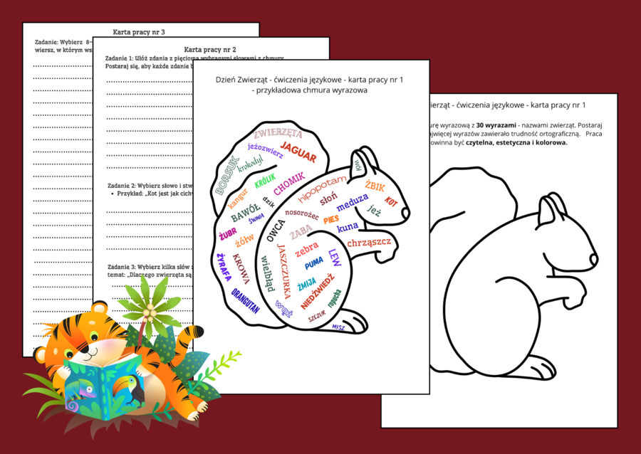 🐹 🐰 Dzień Zwierząt – ĆWICZENIA ORTOGRAFICZNE I REDAKCYJNE ✍️ – Chmura wyrazowa o zwierzętach – kreatywne zadania językowe dla uczniów – karty pracy – klasy 4-8 – JESIEŃ – wiosna – ortografia