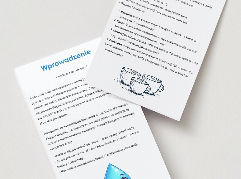 Zestaw do doświadczeń z wodą. Instrukcje. Karty obserwacji. Czy woda z kranu ma zapach? Odczyn próbek.