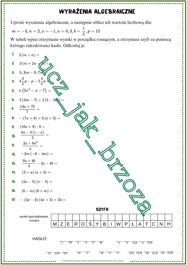 Wyrażenia algebraiczne, upraszczanie, obliczanie wartości liczbowej, klasa 7, karta pracy z hasłem