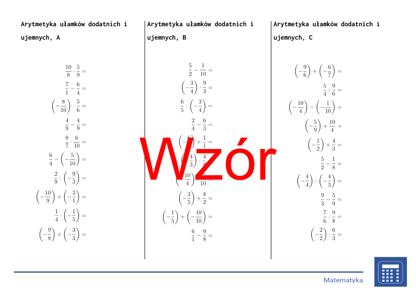 Arytmetyka ułamków dodatnich i ujemnych | matematyka | 26 kolumn