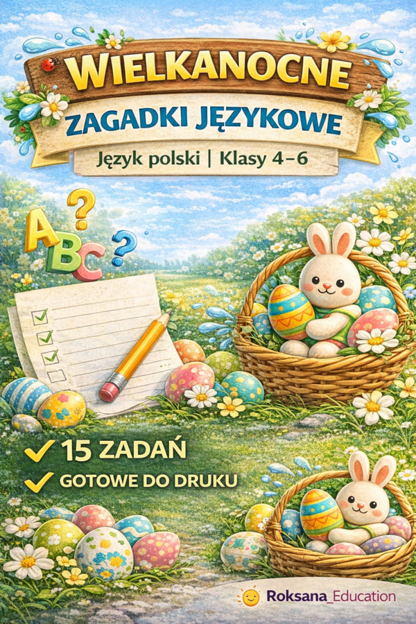 📚🐣 Wielkanocne zagadki językowe – karta pracy | język polski | klasy 4–6 (15 zadań)