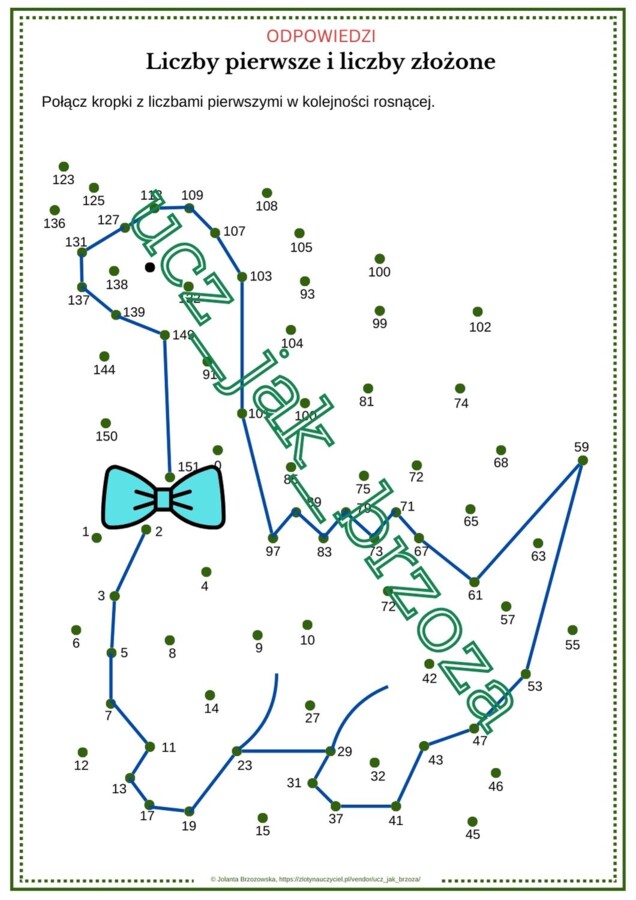 Liczby pierwsze i liczby złożone, połącz kropki, karta pracy, klasa 5