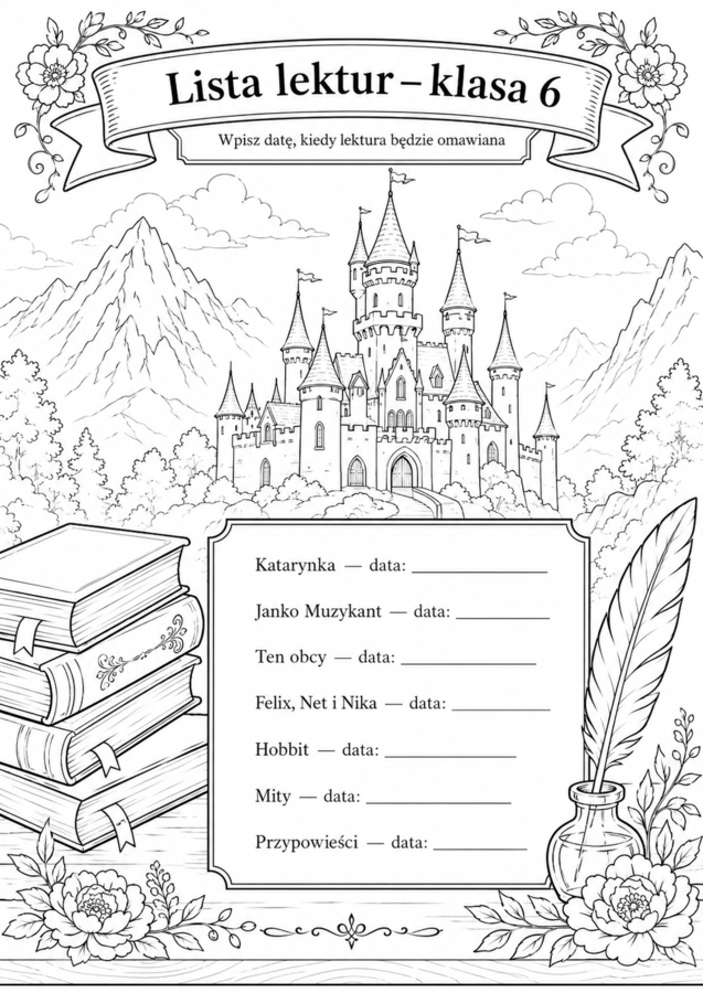 Lista lektur do klasy 6 (różne wersje) czarno-białe