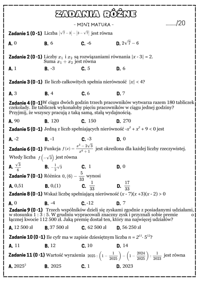 Mini matura. Matematyka. Zadania różne.