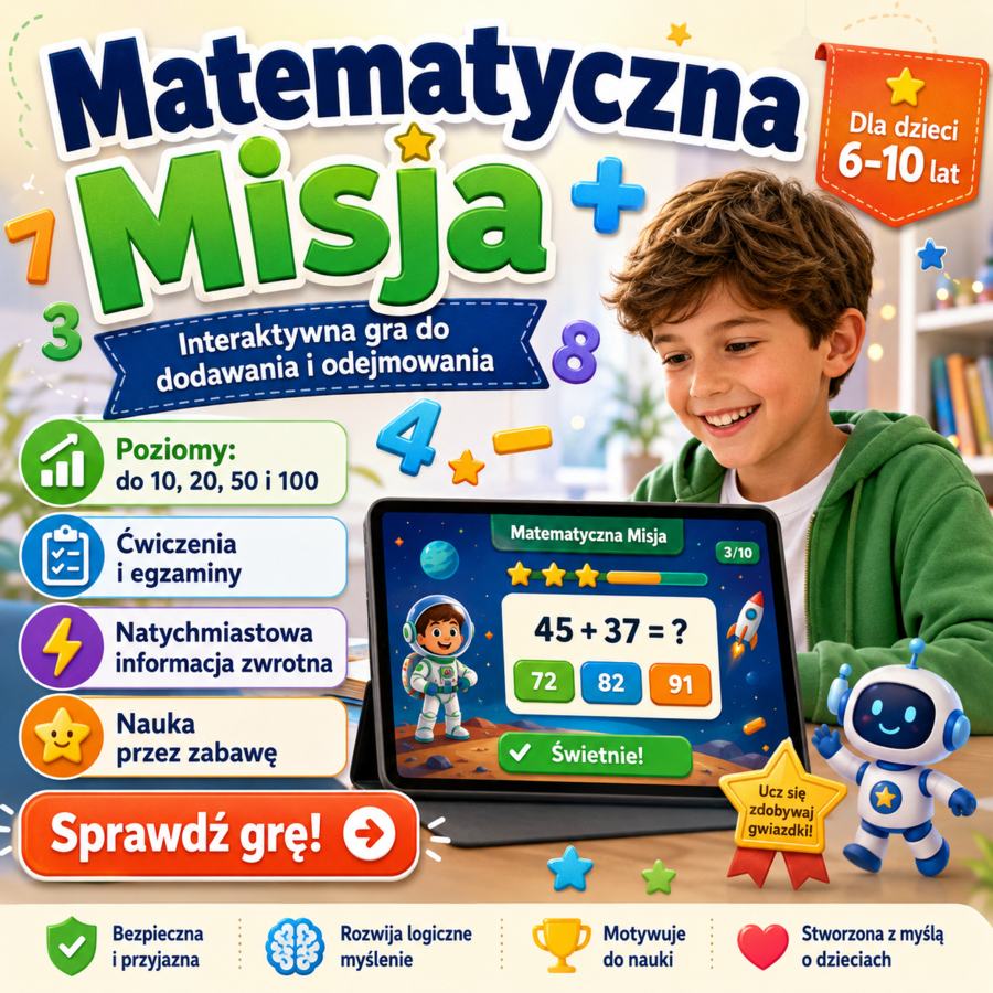Matematyczna Misja: Dodawanie i Odejmowanie — interaktywna gra dla dzieci 6–10 lat