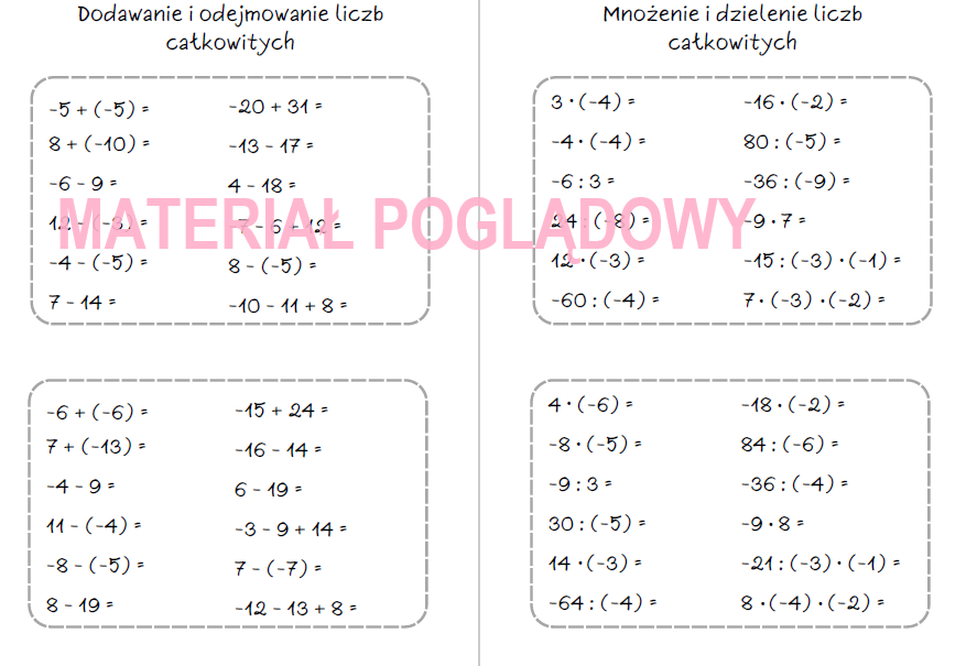 Szybkie karteczki – dodawanie, odejmowanie, mnożenie, dzielenie liczb całkowitych, działania na liczbach wymiernych (karta pracy, kartkówka kl 4, 5, 6, 7, 8)