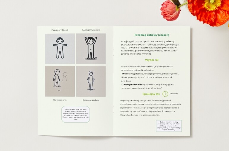 Zabawa w „Drzewo i wiatr”: dzieci odgrywają role drzew, ptaków, zwierząt.