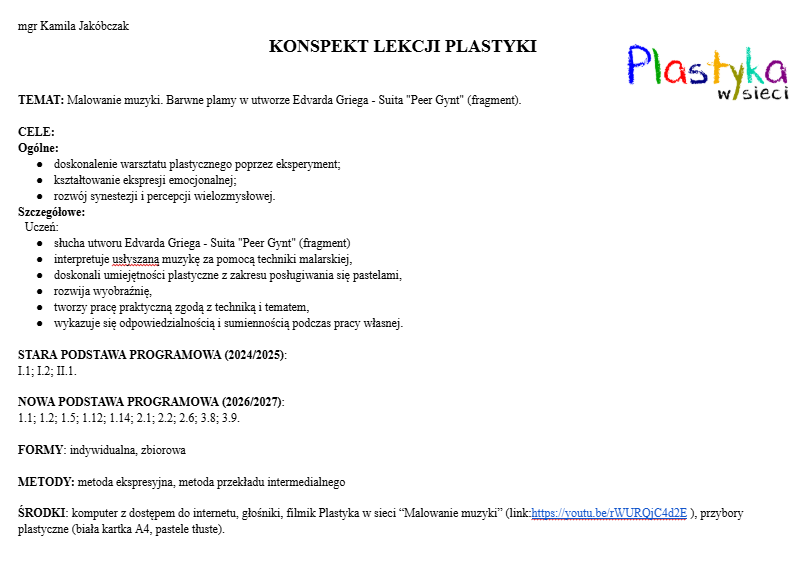 Konspekt lekcji "Malowanie muzyki"