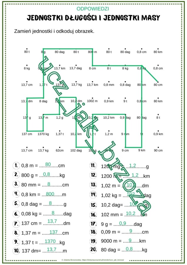 Jednostki długości i jednostki masy, kodowanie, klasa 6