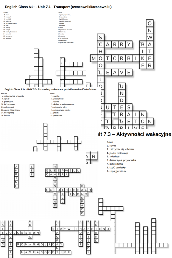 English Class A1+ – Unit 7 – krzyżówki – Transport/Przedmioty związane z podróżowaniem_Out of class/Aktywności wakacyjne