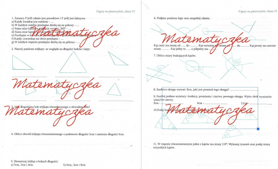 Figury na płaszczyźnie - karta pracy, sprawdzian, kl. 6
