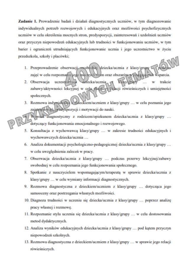 Plan pracy psychologa, przykładowe wpisy do dziennika, wzorcowe sprawozdanie