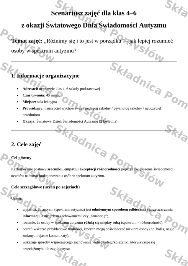 Pakiet: ŚWIATOWY DZIEŃ ŚWIADOMOŚCI AUTYZMU - scenariusz zajęć (klasy 4-8) +  kolorowanka XXL (8xA4) + miniatura A4; plakat; dekoracja; gazetka; karta pracy; godzina wychowawcza