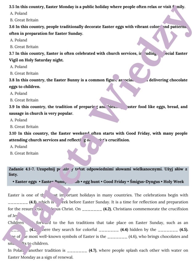 WIELKANOCNA KARTA PRACY- EASTER WORKSHEET_KLASY 4-8: SŁOWNICTWO WIELKANOCNE, ZWYCZJE POLSKIE I BRTYJSKIE, QUIZ O ZWYCZAJACH WIELKANOCNYCH NA ŚWIECIE + ODPOWIEDZI