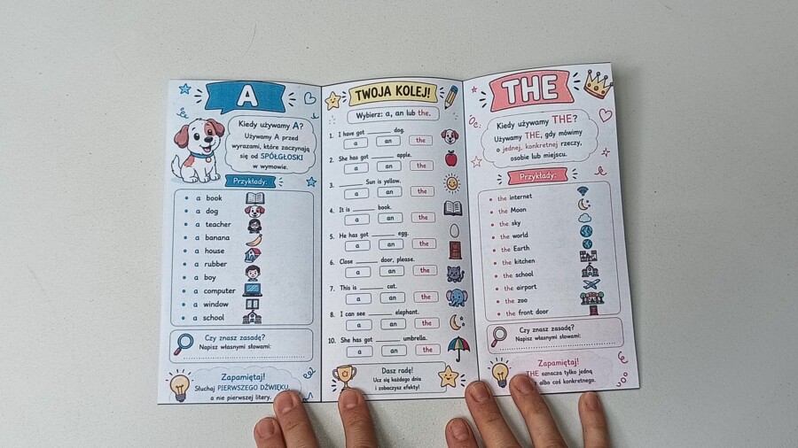 ARTICLES: A, AN, THE – składana miniksiążeczka + ćwiczenia | A1–A2 | PDF
