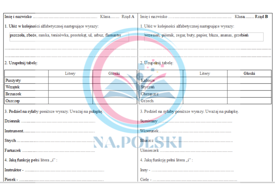 Litera, głoska, sylaba - kartkówka kl.4