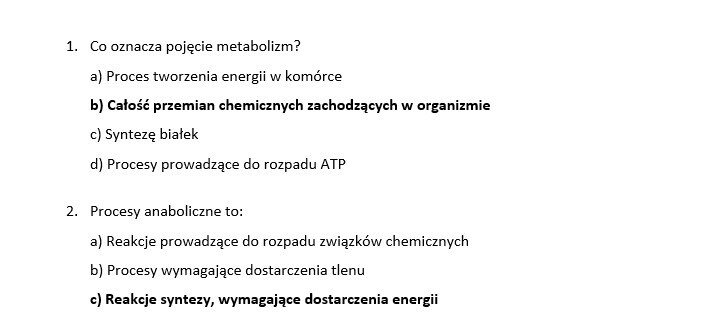 Test- podstawowe zasady metabolizmu
