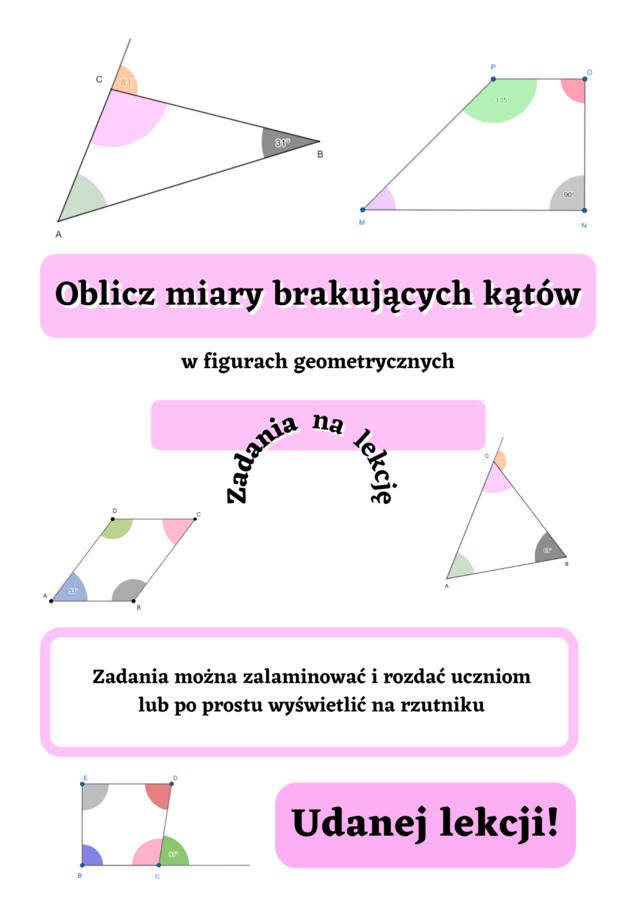Oblicz miary kątów w figurach geometrycznych.