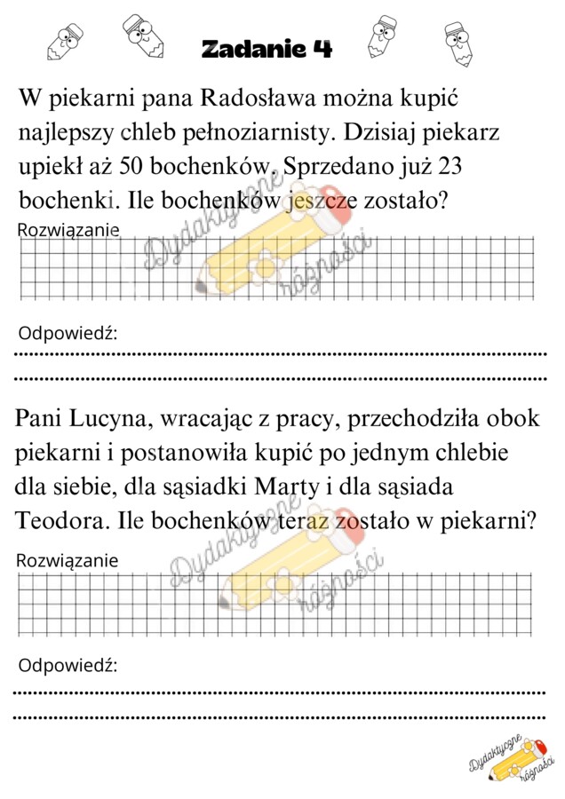 Odejmowanie w zakresie 50. Rozbudowane zadania z treścią- 10 kart pracy.