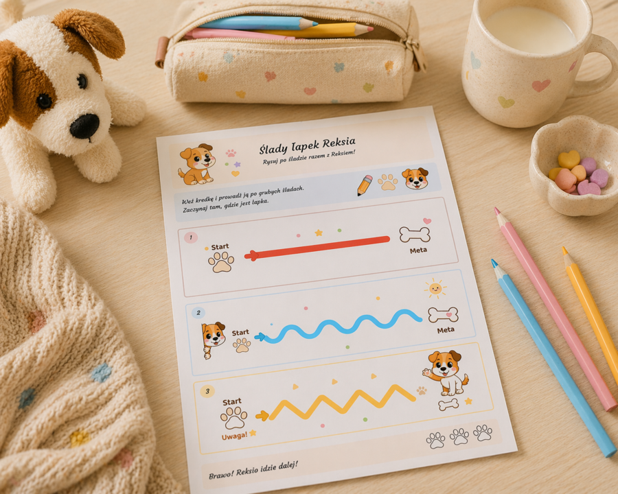 Ślady łapek Reksia – ćwiczenie grafomotoryczne