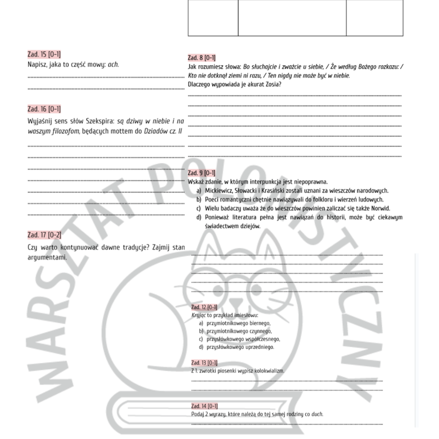 Egzamin ósmoklasisty - przykładowy arkusz nr 3: Dziady / Kult - Baranek / tradycja - zgodny z wymaganiami na 2025 r.