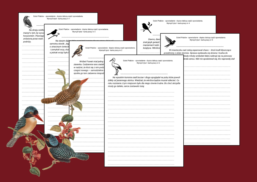 🦜 🐦Dzień Ptaków - Opowiedz dalej… 6 ptasich historii do dokończenia – jesień – OPOWIADANIE ✍️ - ĆWICZENIA REDAKCYJNE – karta pracy – kl. 4-8
