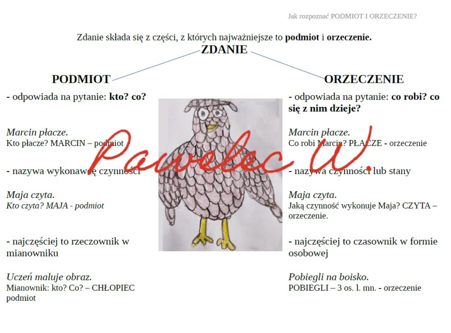 Budowa zdania - podmiot i orzeczenie, plakat