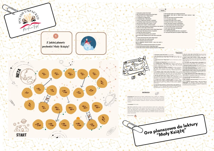 Gra planszowa, grywalizacja, "Mały Książę" + odpowiedzi, plansza i karty z pytaniami
